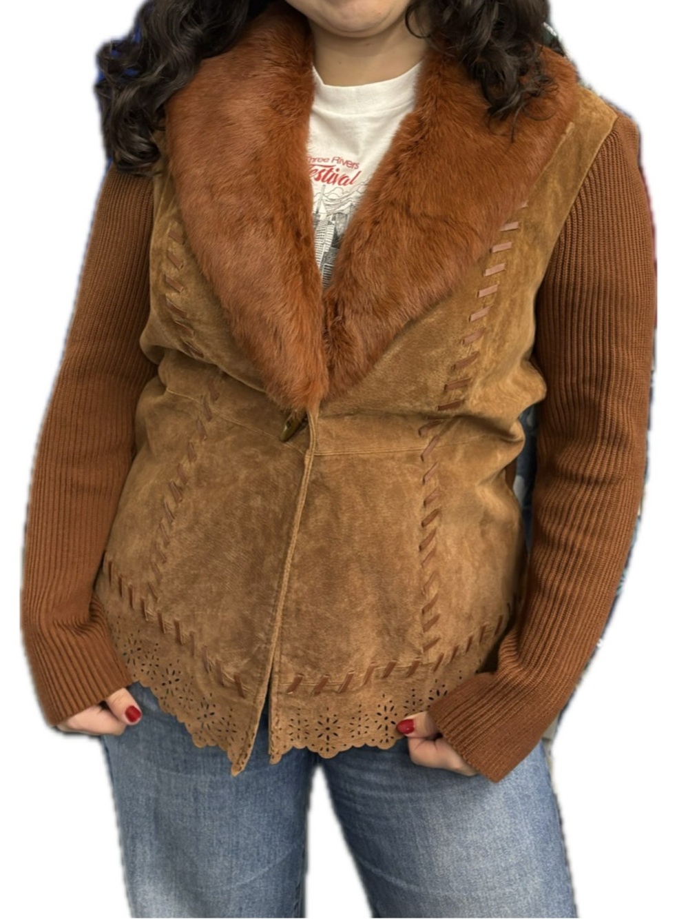 Vintage Fox Fur Collar Suede Leather Sweater Jacket Western Y2K Cheetah Girls